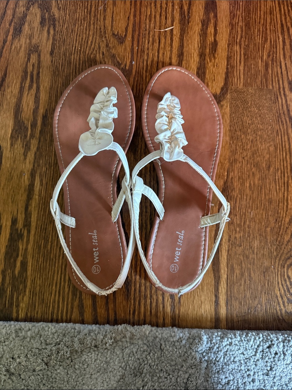 Wet Seal Cream Ruffle T-Strap Sandals - Picture 1 of 4